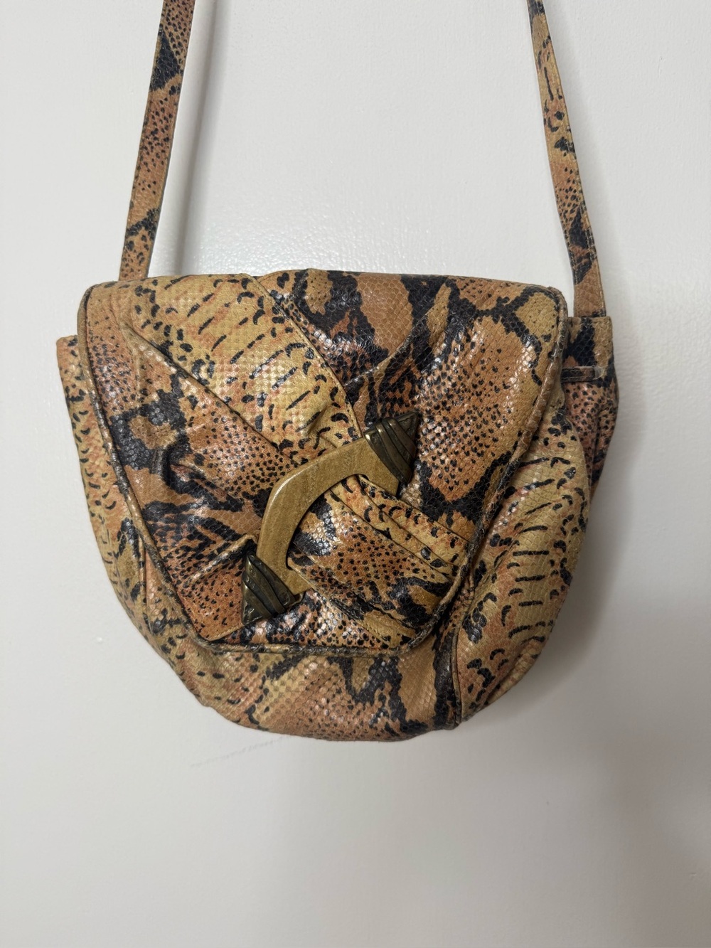 Sharif, 80’s 90’s vintage, black, tan, snake print leather crossbody bag